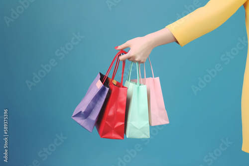 Female hand holding many colorful shopping bags on a blue background, Generative AI 