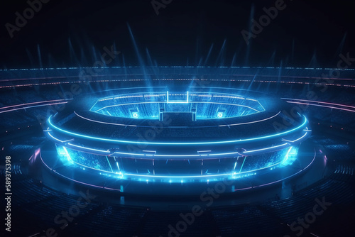 Grand blue neon digital stadium illuminated at night with spotlight empty space background, Generative AI 