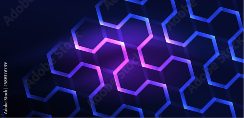 Hexagon abstract background. Techno glowing neon hexagon shapes vector illustration for wallpaper, banner, background, landing page, wall art, invitation, prints, posters