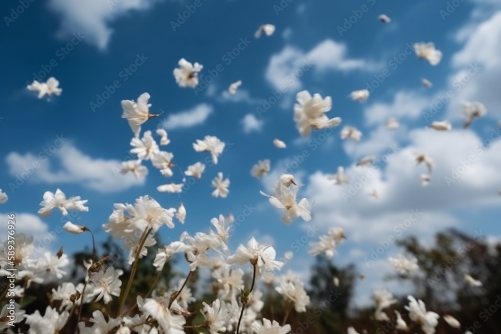 The white petals fall off with blurred clear blue sky and cloud The white petals fall off with blurred clear blue sky and cloud