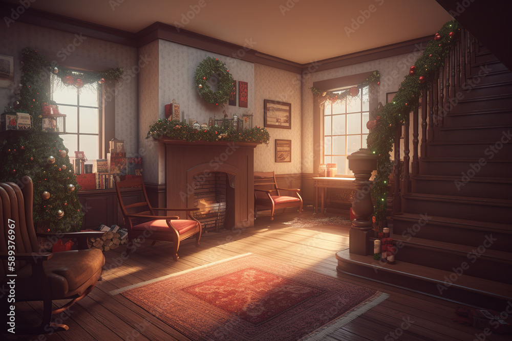 Christmas living room with a fireplace in the background created with generative AI