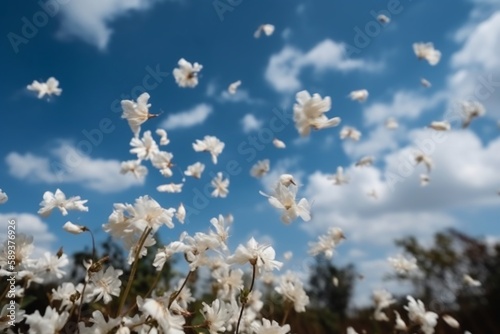 The white petals fall off with blurred clear blue sky and cloud