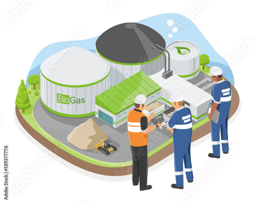 Bio gas Plant factory storage management engineer talking with worker ecology factory green energy symbols concept illustration isometric isolated cartoon vector