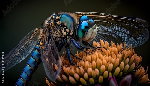 Dragonfly on Vibrant Blue Flower Background, Made with Generative AI