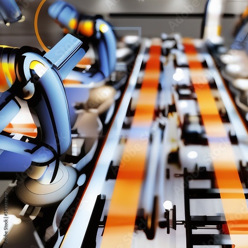 Futuristic robotics factory assembly line created with Generative AI