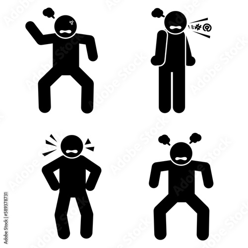 angry icon illustration, angry stick figure, angry emotion, angry screaming illustration. pictogram, stickman and stick figure 