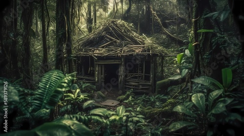 Hut Nestled in Jungle Background, Made with Generative AI