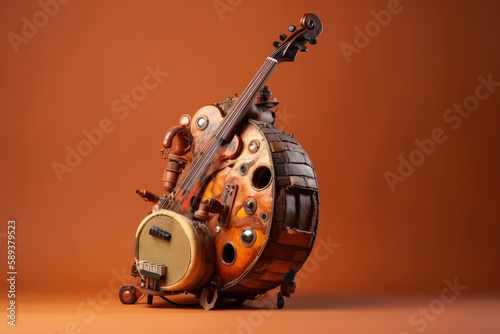 Imaginary musical instrument on neutral orange background with copy space, generative ai illustration