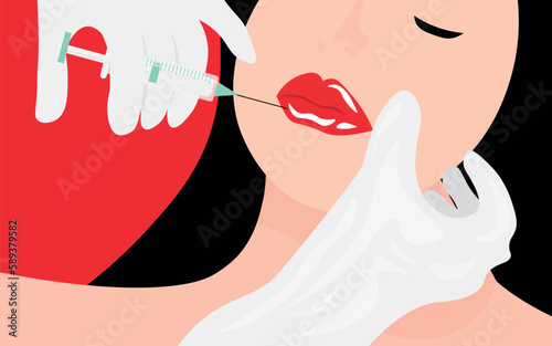 Beautiful young woman receiving filler injection in lips on red background, closeup