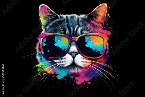 cat in sunglasses realistic with paint splatter abstract © PinkiePie