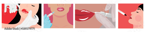 Set of beautiful young women receiving filler injection in lips