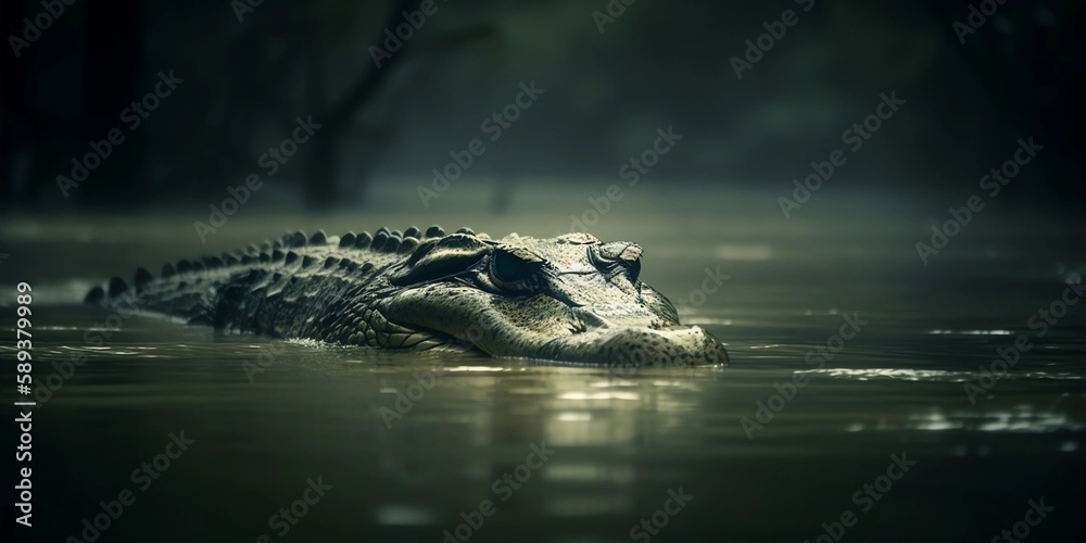 Crocodile Swimming in Murky River Background, Made with Generative AI