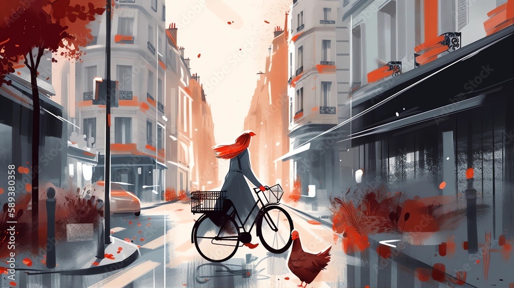 Whimsical Hen Pedaling Bicycle Background, Made with Generative AI