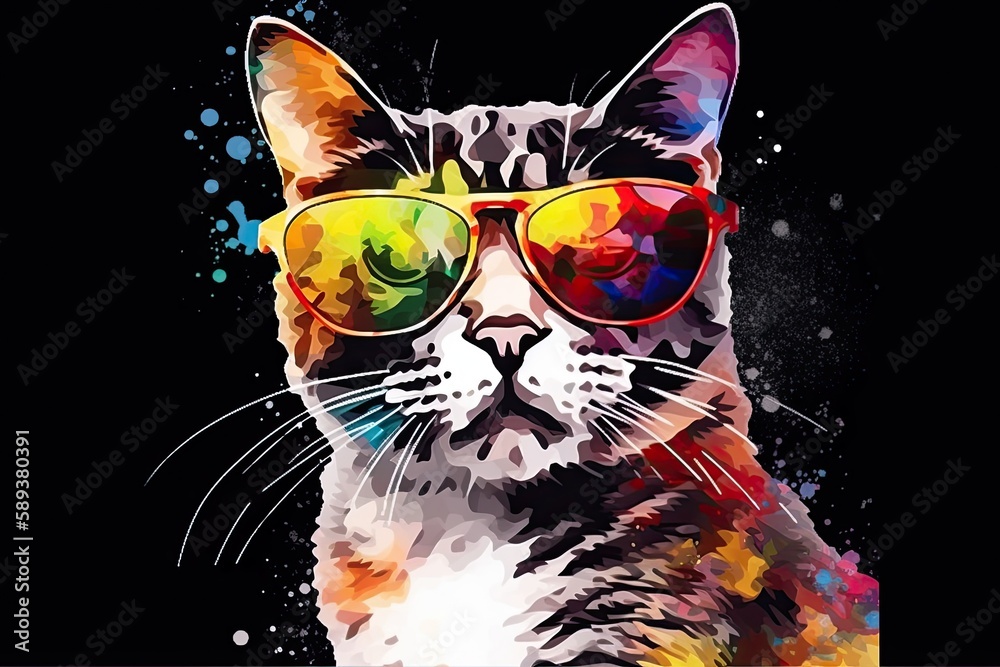 cat in sunglasses realistic with paint splatter abstract