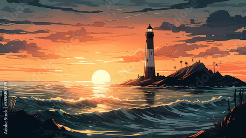 A breathtaking sunrise over the ocean and island. digital art illustration. generative AI