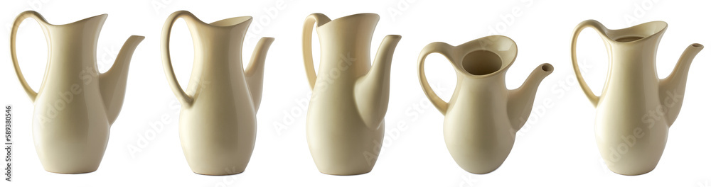 ceramic teapot or coffee pot without lid, traditional style glossy and tall tableware isolated, taken in different angles