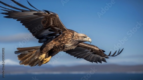 Majestic Eagle Soaring Through Clear Blue Sky Background, Made with Generative AI
