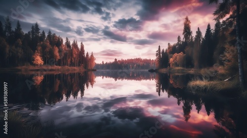 Tranquil Lake Forest Background, Made with Generative AI