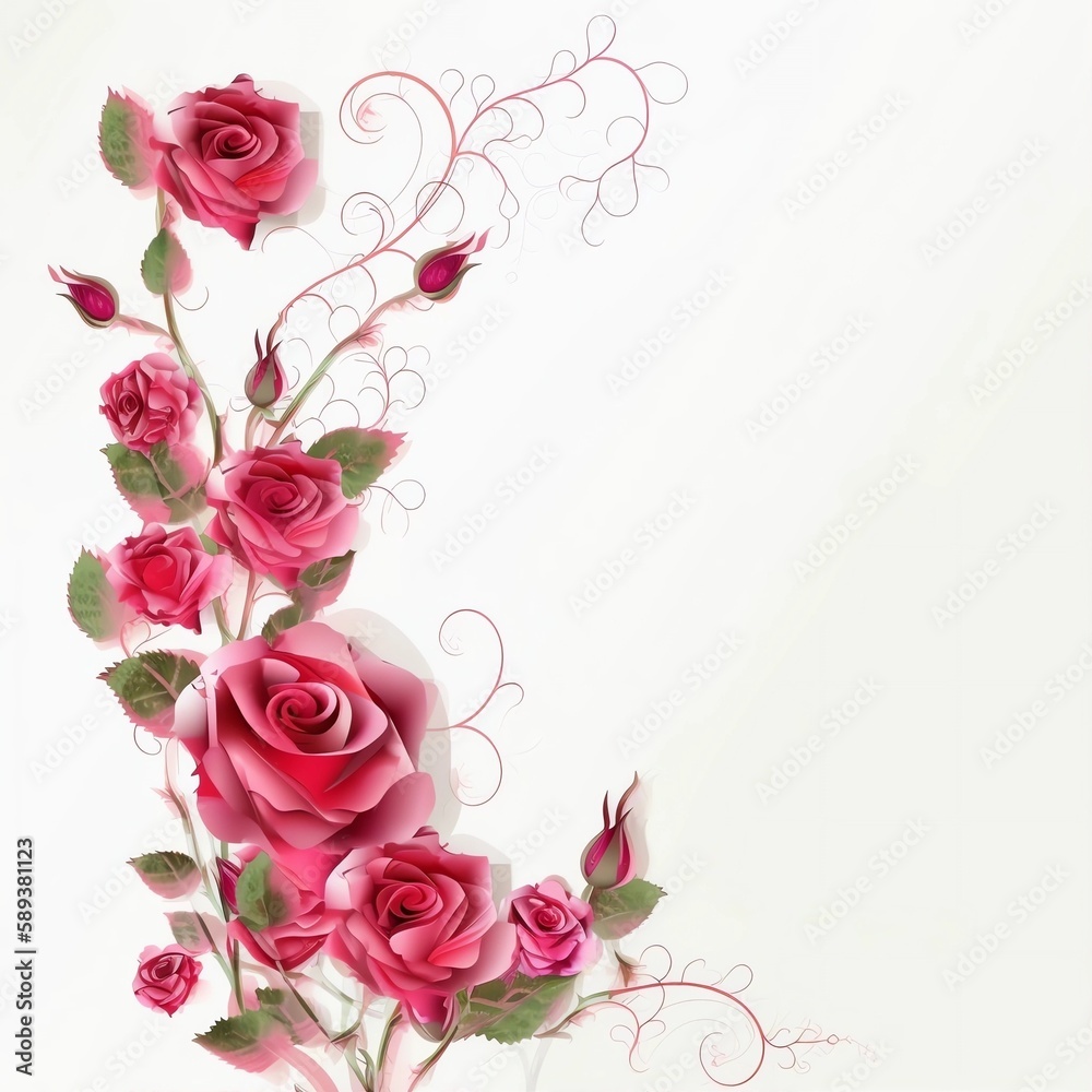 Whimsical Rose Decorated White Page Background, Made with Generative AI