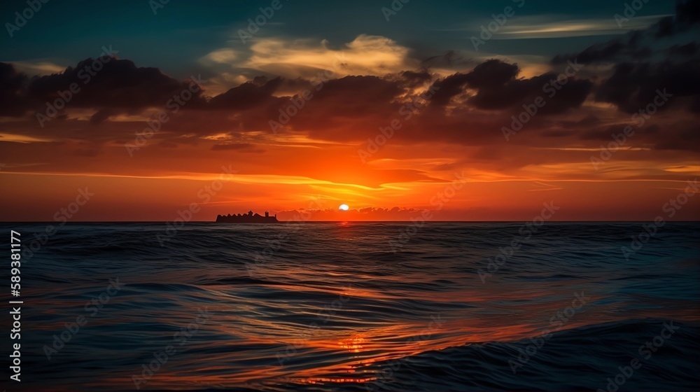 Fiery Sunset Ocean Background, Made with Generative AI