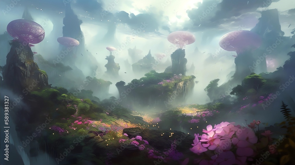Surreal Landscape with Floating Roses Background, Made with Generative AI
