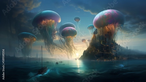 Alien Planet with Jellyfish-like Creatures Background, Made with Generative AI