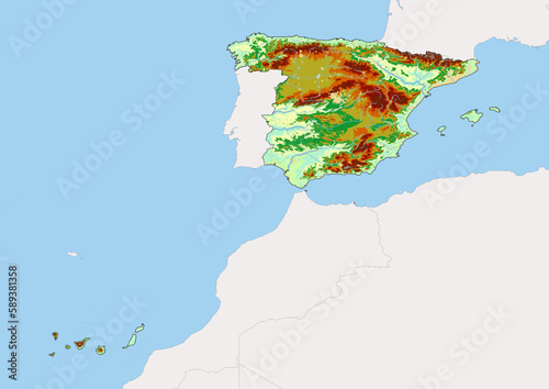 High detailed vector Spain physical map  topographic map of Spain on white with rivers  lakes and neighbouring countries. 