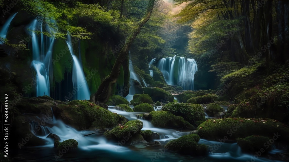 Majestic Waterfall Forest Background, Made with Generative AI