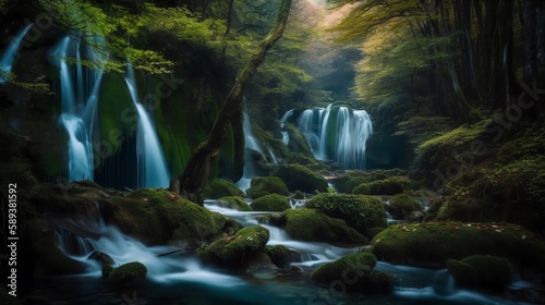 Majestic Waterfall Forest Background, Made with Generative AI