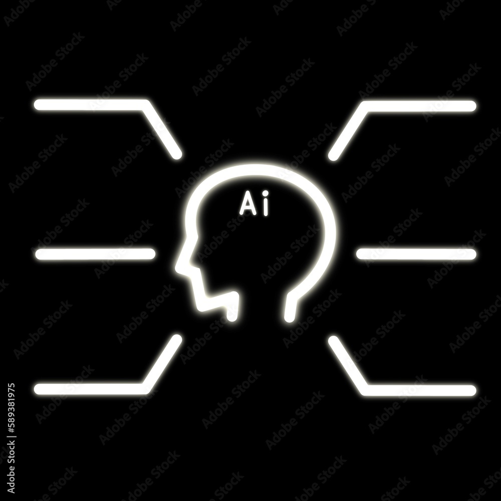 A picture of a face shaped line representing artificial intelligence ai. The line is shining like a yellow neon sign and ca be used to copy space.The side view of a human face is a real illustration.