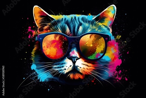 cat in sunglasses realistic with paint splatter abstract © PinkiePie
