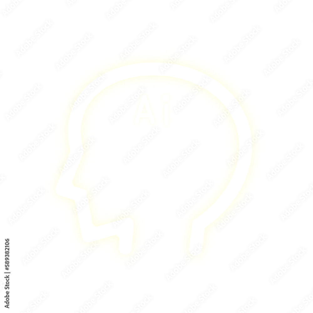 A picture of a face shaped line representing artificial intelligence ai. The line is shining like a yellow neon sign. The side view of a human face is a real illustration.