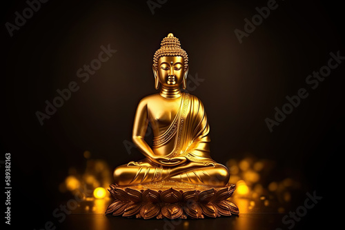 Buddha golden statue decorated with lotus blossoms, generative AI 