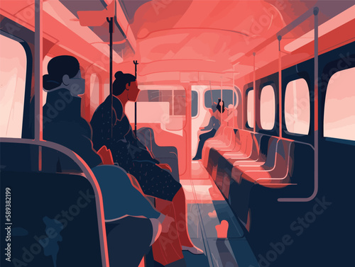 Darkly Romantic: People on a Bus Ride in Dreamy Illustration Style