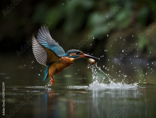 Generative Ai: Kingfisher flying low catch fish © MASHKA