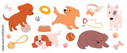 Set of cute dogs vector. Lovely dog and puppy doodle pattern in different, breeds, golden, collar, bone, bowl with flat color. Adorable pet characters hand drawn collection on white background.