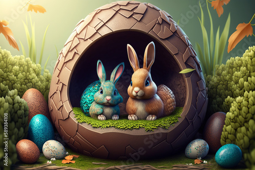 Couple of easter bunny inside an easter egg created with generative AI
