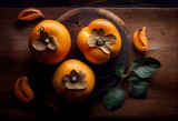 Delicious ripe persimmons on wooden table, flat lay. Generative AI
