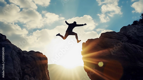 Man jumping over cliff. energetic man. strong man succeeds in life. 