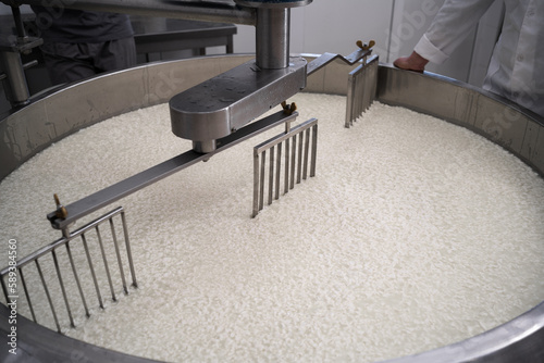 Принти на полотні Mixing heat milk in a cheese factory in a large vat