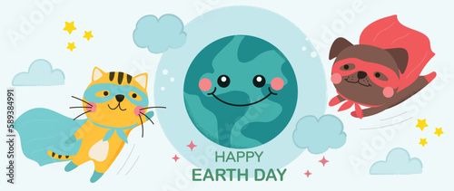 Happy Earth day concept, 22 April, background vector. Save the earth with cute pet, dog, cat in superhero suit. Eco friendly illustration design for web, banner, campaign, social media post.