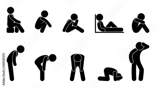 Stick figure man icon. People are sad, sick, tired, sitting, resting. Set of human silhouettes.