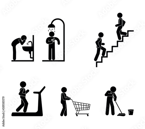 Stick figure man icon. People wash, run, shop. Set of human silhouettes.