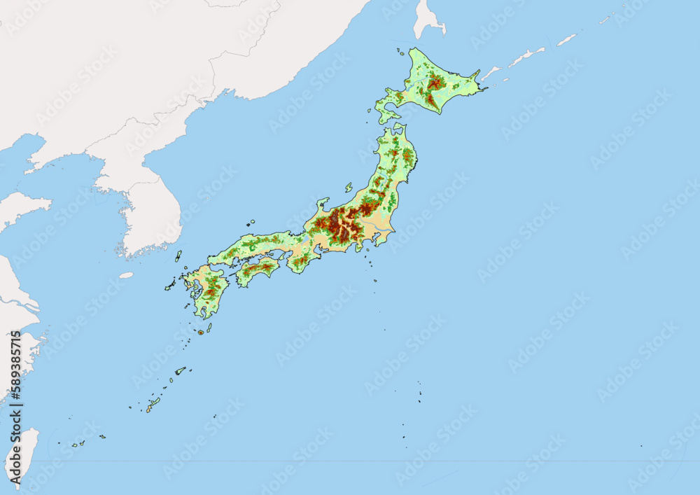 High detailed vector Japan physical map, topographic map of Japan on