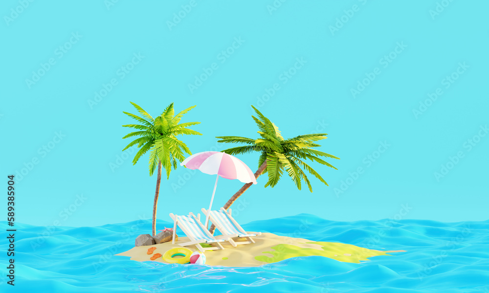 3D rendering Summer vacation beach abstract background concept, Minimal Realistic Display Podium for Product mock-up or Cosmetics with summer theme, beach umbrella, sand, chairs, inflatable ring.