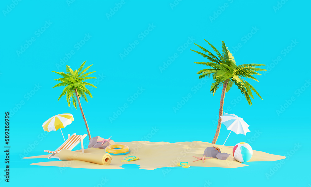  3d rendering Summer vacation beach abstract background concept, Minimal Realistic Display Podium for Product mock-up or Cosmetics with summer theme, beach umbrella, sand, chairs, inflatable ring.
