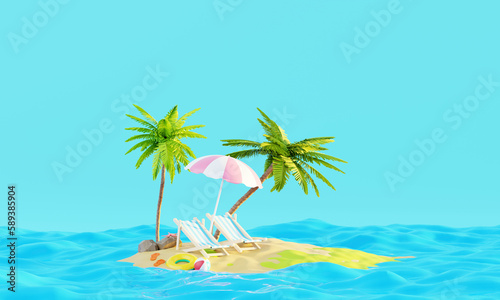 Fototapeta Naklejka Na Ścianę i Meble -  3D rendering Summer vacation beach abstract background concept, Minimal Realistic Display Podium for Product mock-up or Cosmetics with summer theme, beach umbrella, sand, chairs, inflatable ring.