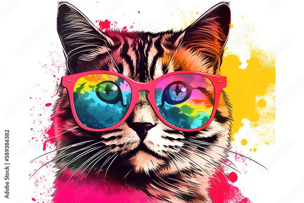 cat in sunglasses realistic with paint splatter abstract