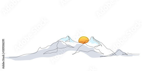 Continuous line drawing of sun and mountain range landscape background. One single line colored drawing of mountain panoramic view. Line art style illustration of nature. Vector linear style