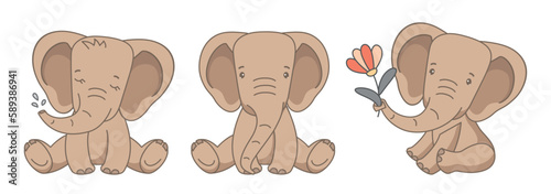 Collection of baby elephants. Animals of Africa. Wildlife. Vector illustration of cute happy elephant in cartoon style, isolated on white background. Design for children's poster, postcard, invitation